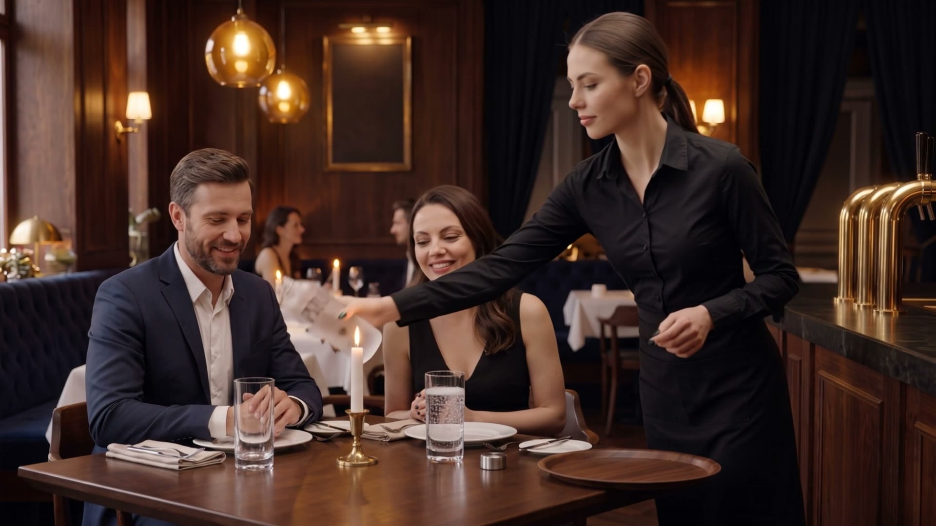 Copos sendo servidos com água PVRA num restaurante, a partir da bandeja da garçonete.
